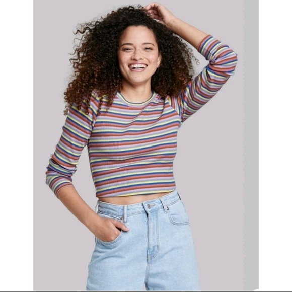 Women's Long Sleeve Striped Cropped Slim Fit Shirt NWT - Picture 1 of 6